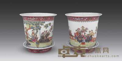 民国 粉彩人物花盆(一对) 高18cm